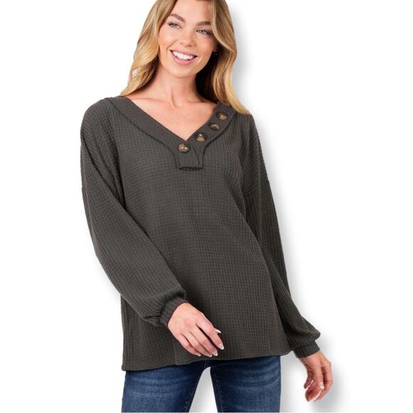 Zenana Brushed Waffle V Neck Button Detail Sweater Charcoal - Picture 1 of 5